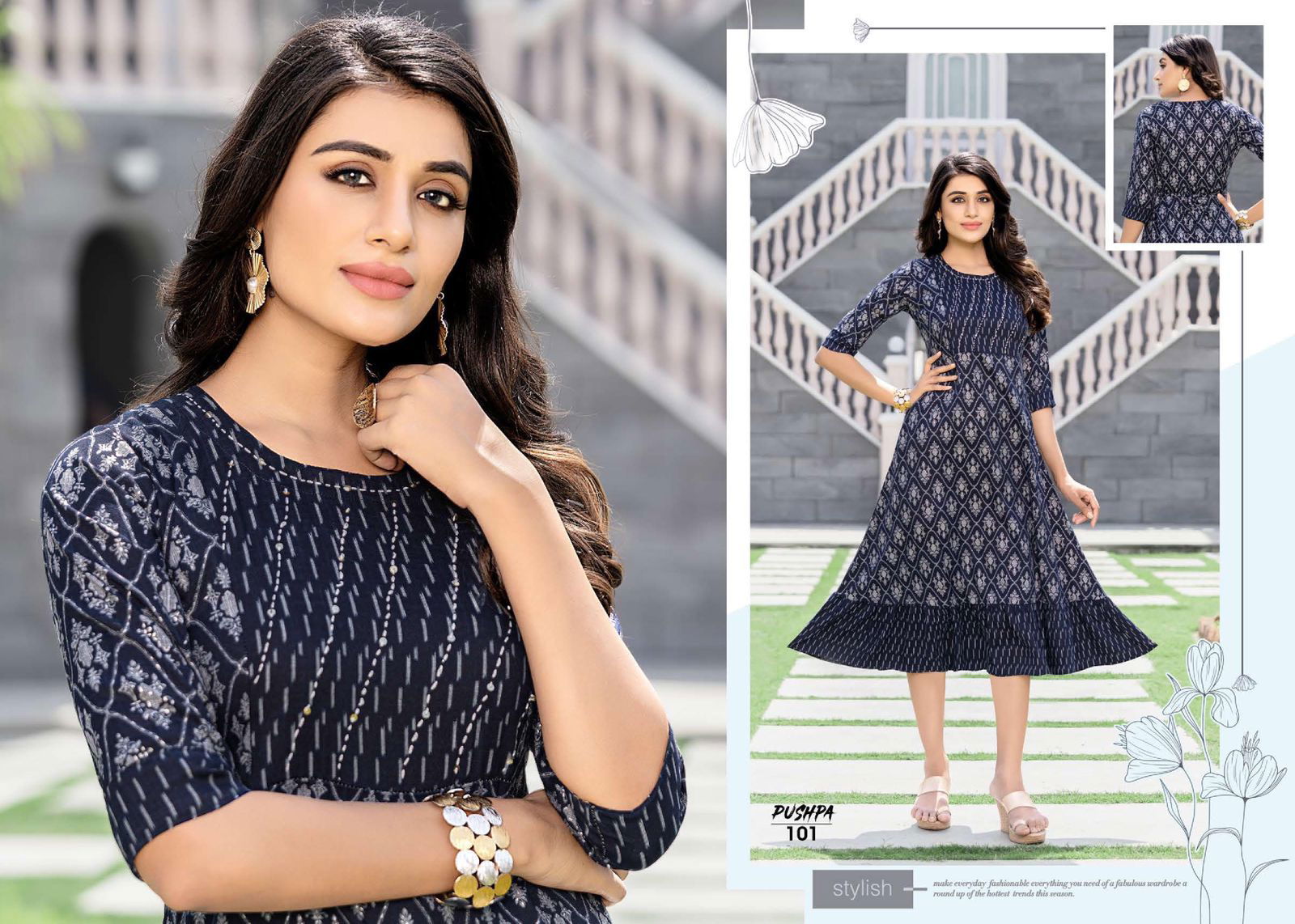 Golden Pushpa 101 Ethnic Wear Anarkali Kurti Collection